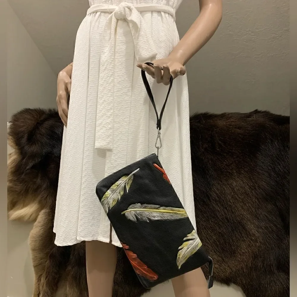 Handmade Genuine Leather Feather Embossed XL Zip Clutch/Wristlet/ Crossbody